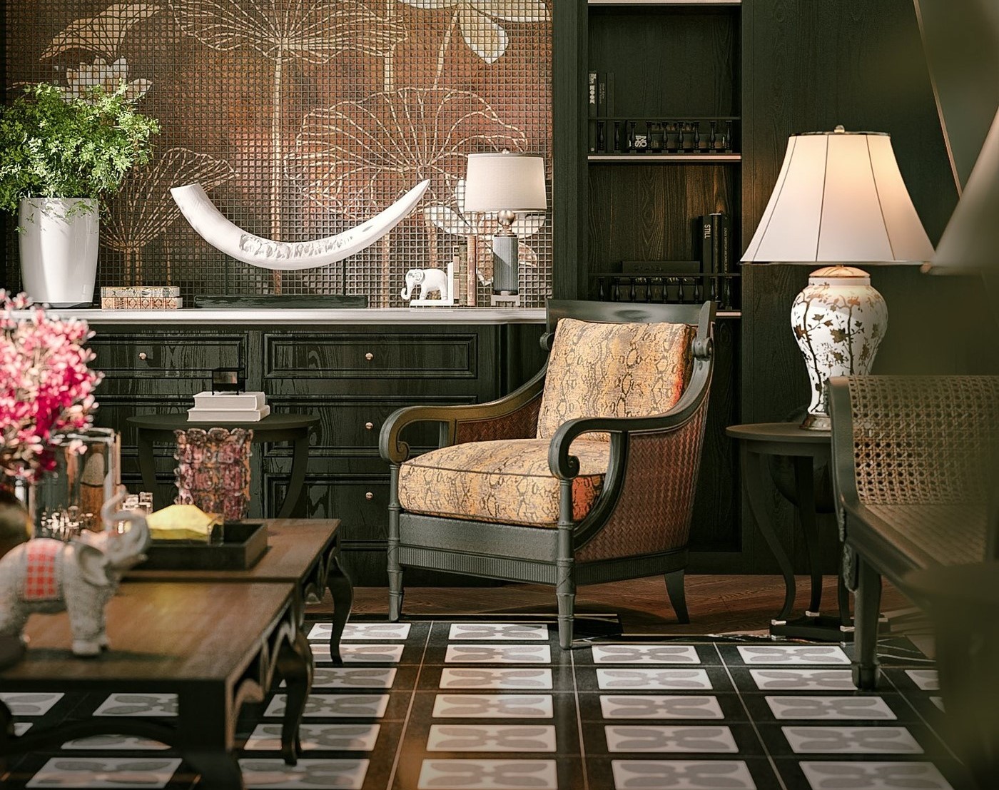 Thiết kế nội thất phòng khách biệt thự hòa trộn giữa phong cách Đông Dương và Art Nouveau